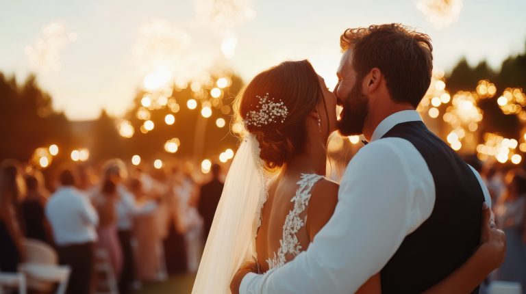 the bride and groom embrace in a romantic dance at an outdoor wedding reception illuminated by warm lights, with a sunset backdrop creating a magical ambiance.